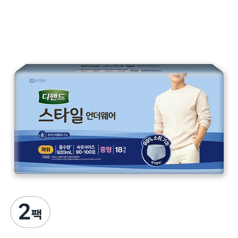 디펜드 남성용 스타일 언더웨어 성인기저귀 파워, 중형, 18개입, 2개