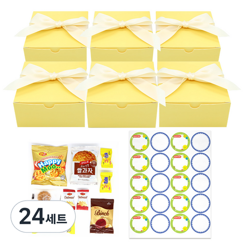 리본 과자 상자 간식 답례품 선물 세트, 간식 9종 x 6p + 라벨스티커 20p, 24세트
