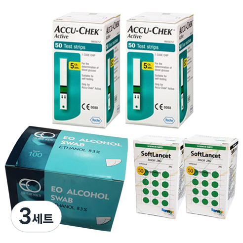아큐첵 액티브 혈당측정 검사지 100p + 콕 소프트 란셋 채혈침 100p + SD 소독용 알콜솜 100p, 3세트