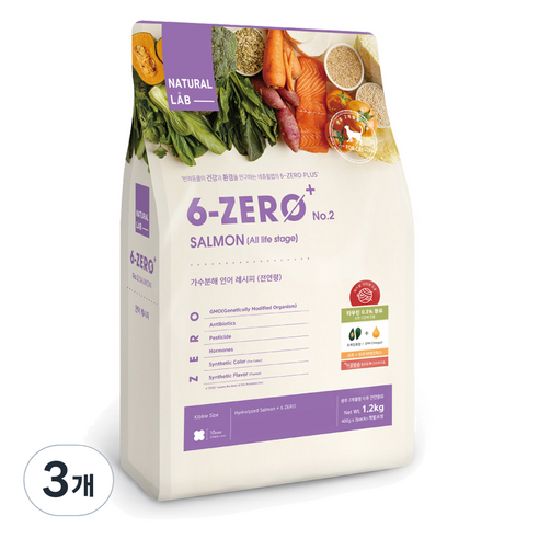 네츄럴랩 전연령 6 ZERO PLUS CAT 2 건식사료, 3개, 가수분해 연어, 1.2kg