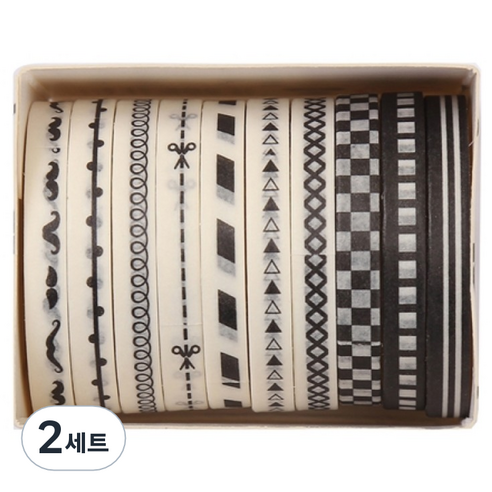 셀링뉴 아트스핀 울타리 다꾸 마스킹 종이 테이프 10종 세트 5mm x 2m, 블랙엔화이트, 2세트