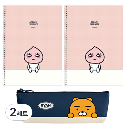 카카오프렌즈 모던st 미니 삼각 필통 + 스프링 연습장 2p 문구세트, 네이비 라이언(필통), 어피치(연습장), 2세트