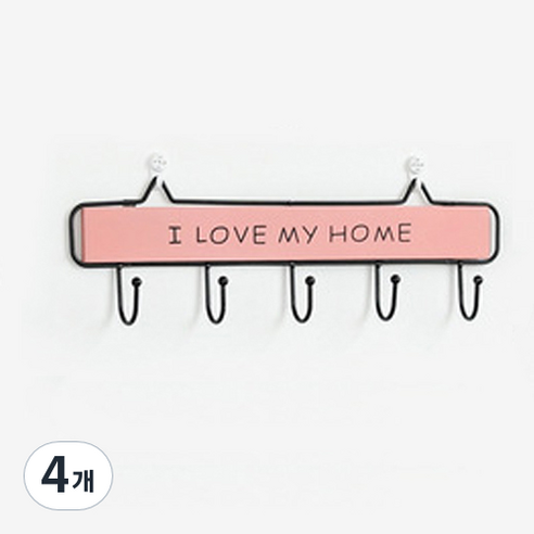 써니코스트 아이러브홈 나무 벽걸이 5후크, 핑크, 4개