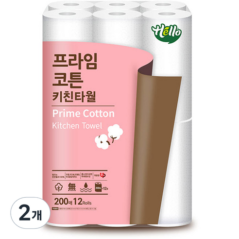헬로 프라임코튼 천연펄프 키친타올 200매, 12개입, 2개