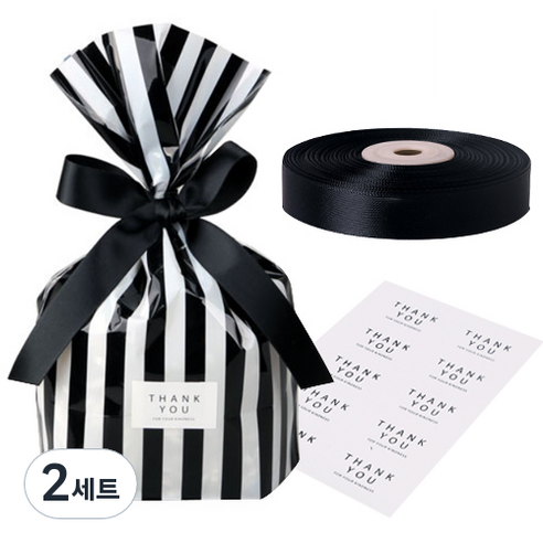 인디케이 OPP 비닐 바닥M 블랙 스트라이프 50p + 땡큐스티커 50p + 공단리본 22m, 2세트