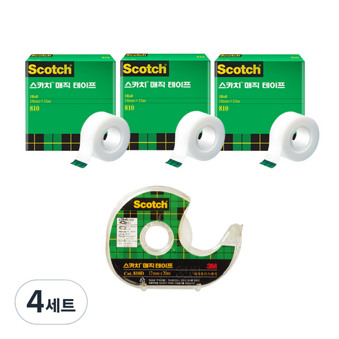 쓰리엠 스카치 매직 테이프 리필 810 12mm x 18m 3p + 디스펜서 810D 12mm x 20m, 혼합색상, 4세트