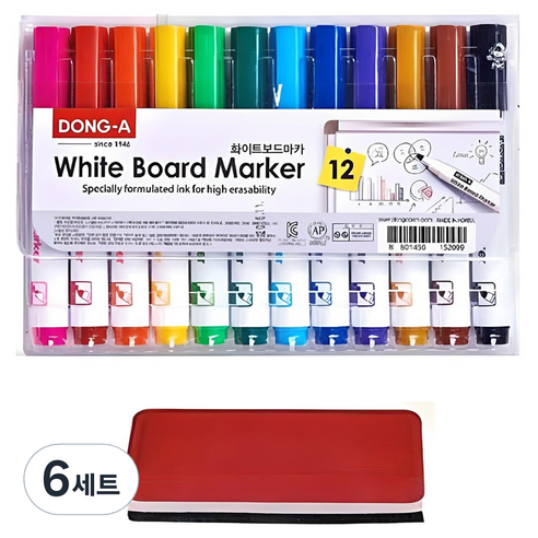 동아 화이트 보드마카 + 보드지우개, 분홍, 빨강, 주황, 노랑, 연두, 초록, 하늘, 파랑, 보라, 황토, 갈색, 검정, 6세트