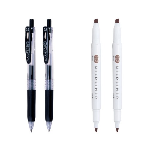 제브라 마일드라이너 마카 2p + 사라사 클립 볼펜 0.5mm 2p 세트, 브라운(마일드라이너), 검정(볼펜), 1세트