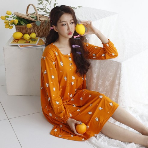 테라우드 여성용 피치기모 긴팔 원피스 잠옷