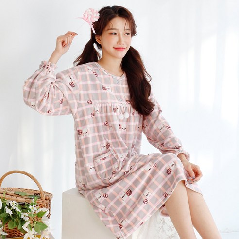 테라우드 여성용 극세사 수면 잠옷 원피스
