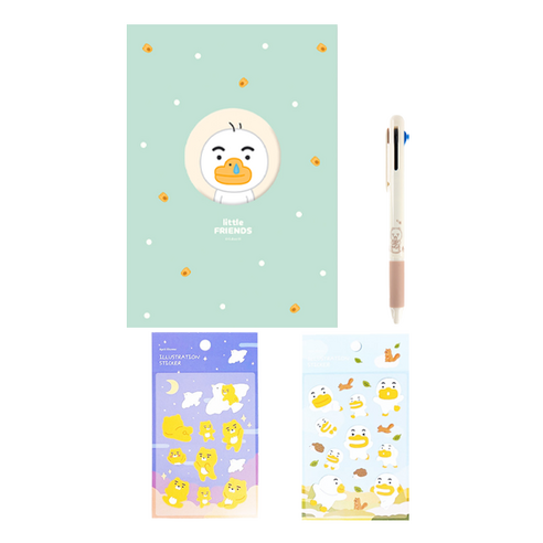 카카오프렌즈 B6 돔송창 무선철노트 + 데일리 4in1 샤프컬러펜 + 에이프릴샤워 면크로스 스티커 2p 세트, 리틀튜브(노트), 랜덤발송(펜, 스티커), 1세트