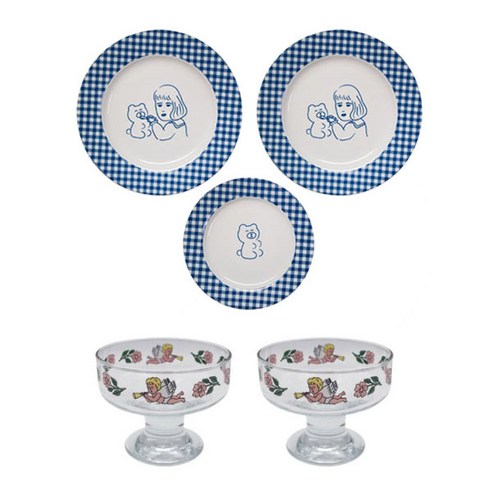1537 체크라인 플랫 접시 2종 + 글라스볼 세트, 1세트, 깅엄체크 Small + 깅엄체크 Large 2p + 글라스볼 가든오브엔젤 2p