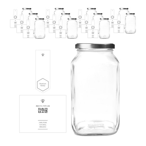 사각유자 꿀병 1.5L + 러그캡 실버 + 병스티커 심플 잡화꿀 L + 봉인스티커 세트, 12세트