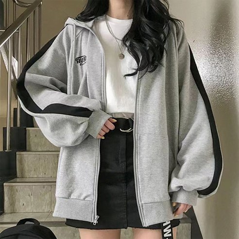 구디프 여성용 봄가을 그레이 배색 루즈핏 후드 집업