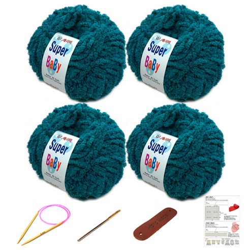행복뜨기 슈퍼베이비 뜨개실 4p + 바늘 6mm + 돗바늘 + 가죽 라벨 + 목도리 도안 세트, 1세트, 청록