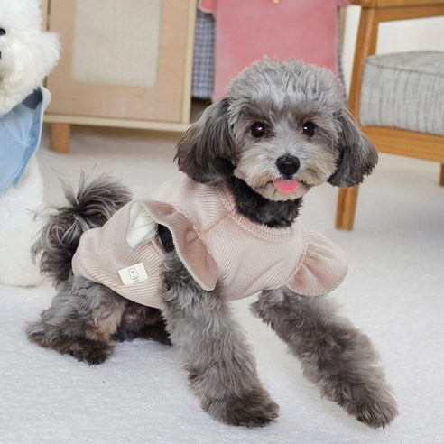 에이미러브즈펫 강아지 JJ 골덴 프릴 기모 티셔츠, 베이지