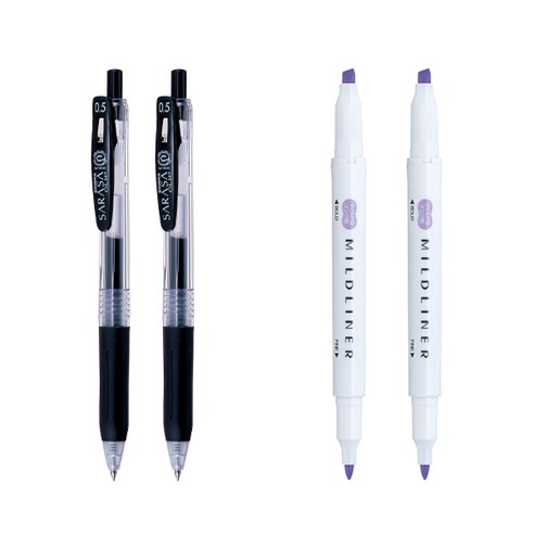 제브라 마일드라이너 마카 2p + 사라사 클립 볼펜 0.5mm 2p 세트, 바이올렛(마일드라이너), 검정(볼펜), 1세트