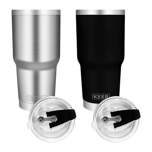 KEEP 대용량 이중 진공 스텐 보온 보냉 밀폐형 빨대 뚜껑 텀블러 2p, 실버, 블랙, 900ml