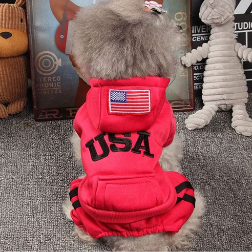 강아지 USA 기모 트레이닝복 올인원, 레드