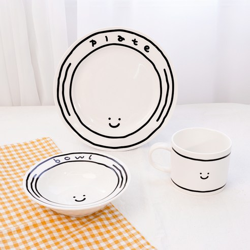 인블룸 스마일 도자기 플레이팅 그릇 3종 세트, 화이트, 접시 20cm + 볼 14cm + 머그컵 240ml, 1세트