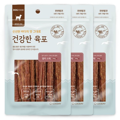   굿데이 건강한 육포 스틱 강아지간식, 참치, 100g, 3개