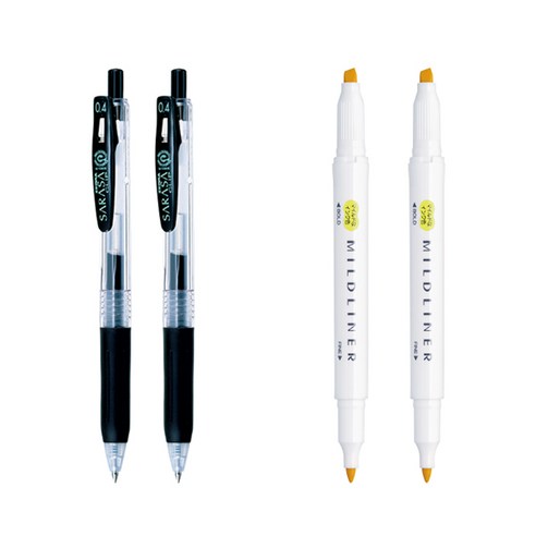 제브라 마일드라이너 마카 2p + 사라사 클립 볼펜 0.4mm 2p 세트, 레몬옐로우(마일드라이너), 검정(볼펜), 1세트