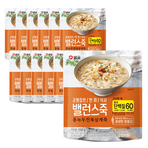 샘표 밸런스 통녹두 전복 삼계죽, 250g, 12개
