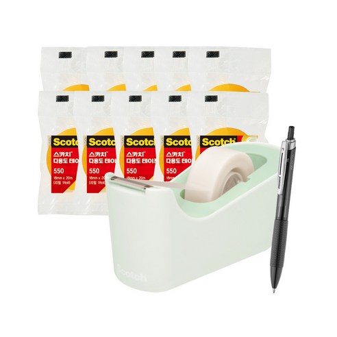 쓰리엠 스카치 탁상용 테이프 디스펜서 C18 + 다용도 테이프 리필 550 12mm x 20m 5p + 18mm x 20m 5p + 모나미 FX ZETA 볼펜 0.7mm 세트, 민트(디스펜서), 블랙(볼펜), 1세트