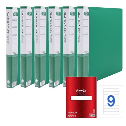 희망사무포인트 보급형 클리어화일 A4 Hf137 20매 6p + 폼텍 3624 화일 인덱스용 라벨 20p, 녹색, 1세트