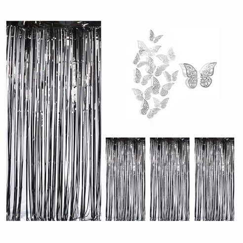 파티쇼 커튼 4p + 나비데코 3종 x 4p 세트, 블랙(커튼), 나비데코(실버), 1세트
