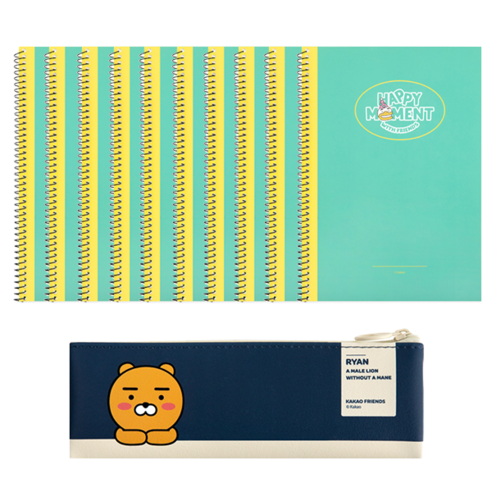 카카오프렌즈 미니 플랫 펜슬케이스 + 해피모먼트 A5 스프링 노트 10p, 라이언(펜슬케이스), 튜브(스프링노트), 1세트