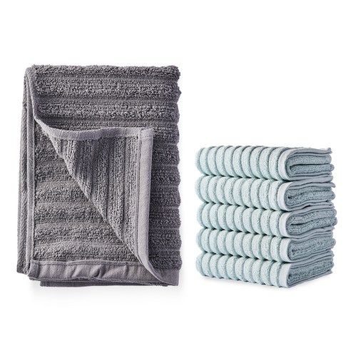 소프트터치 데일리 퓨어 세면타월 115g 30수 면사 5p + 퓨어 바스타올, 세면타올(민트), 바스타올(그레이), 1세트
