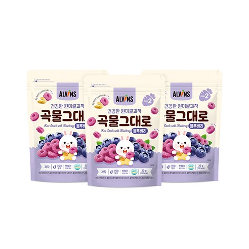 엘빈즈 건강한 현미쌀과자 곡물그대로, 블루베리맛, 3개, 30g