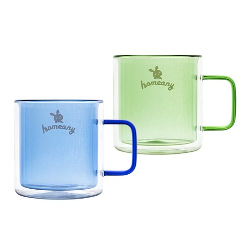 홈애니 컬러 이중 내열 유리컵 380ml, 블루, 그린, 2개