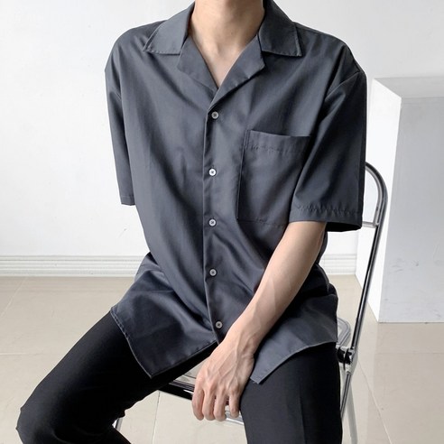 남성용 오픈카라 오버핏 트윌 반팔 셔츠