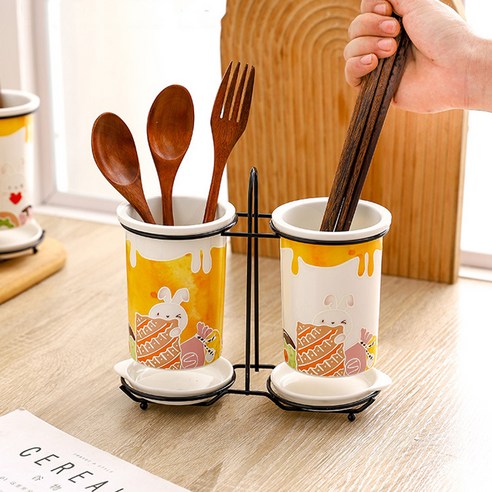 몬드스팟 토끼 세라믹 물빠짐 수저통 2구 + 받침대 2p + 꽂이 세트 YY57422, E, 1세트