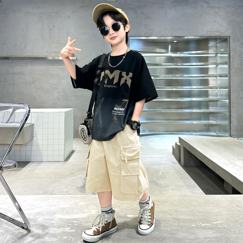 미소파파 남아용 디엠 레터링 티셔츠 + 카고 반바지 세트