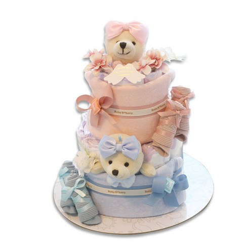 베이비베이커리 유아용 기저귀케익 트윈곰돌이 2단케익 백일 세트, 핑크 + 블루