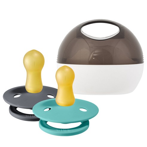 BIBS 컬러 고무 쪽쪽이 2종 + 아우터 케이스 세트, 1단계, 터쿼이즈, 아이언