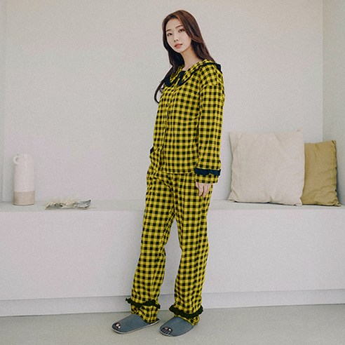 파란 여성용 빅카라 프릴체크 잠옷 상하의 세트