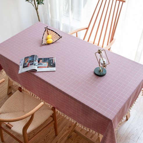 마켓에이 도트라인 단색 태슬 식탁보, 핑크, 140 x 140 cm