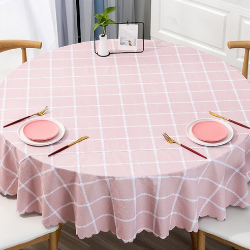 엽동네 격자무늬 방수 원형 식탁보 RK_508, 핑크큰격자, 90 x 90 cm