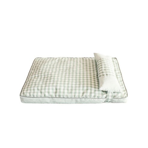 홈앤굿 반려동물 깅엄 체크 침대 + 베개 세트, 체크그린
