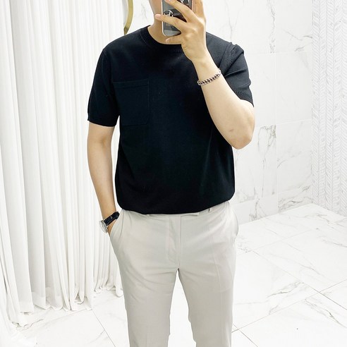아도르클래식 남성용 포켓 라운드 니트 반팔 티셔츠