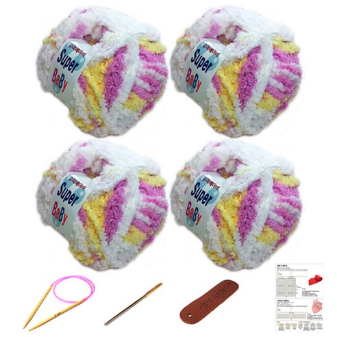 행복뜨기 슈퍼베이비 뜨개실 4p + 바늘 6mm + 돗바늘 + 가죽 라벨 + 목도리 도안 세트, 1세트, 핑크노랑