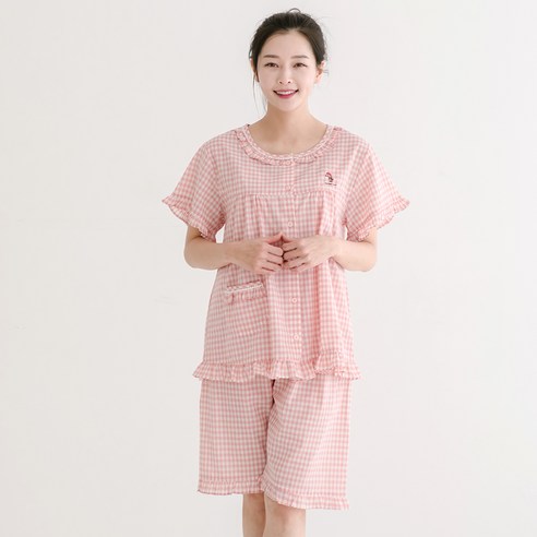 여성용 40수 순면 심플체크 반팔 상하의 세트