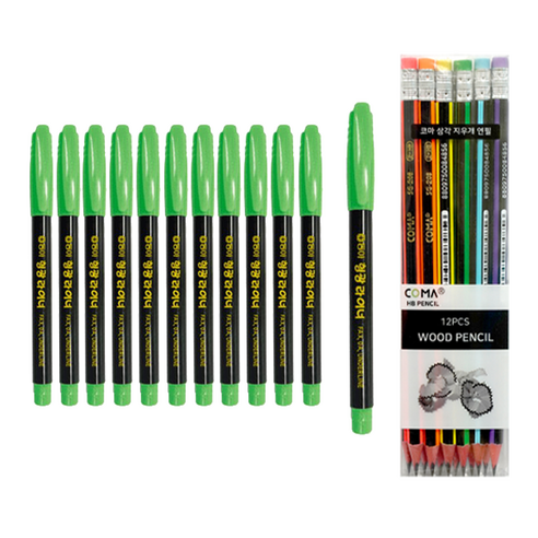 동아 형광라이너 12p + 투코비 삼각 지우개 연필 SG-208 12p 세트, 연두(라이너), 혼합색상(지우개연필), 1세트
