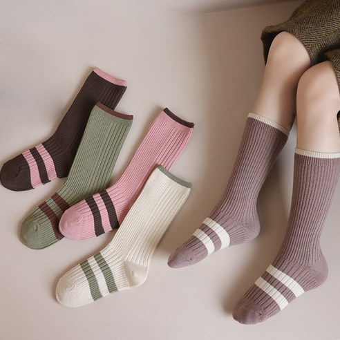 아이 발에 행복을 더하는 아이뿜 여아용 투라인 쫀쫀 골지 장목 양말 5종 세트 H16