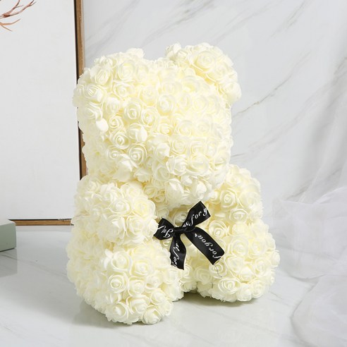프랑온드 조화 기념일 선물 로즈 베어 40cm + 상자, 리본 아이보리