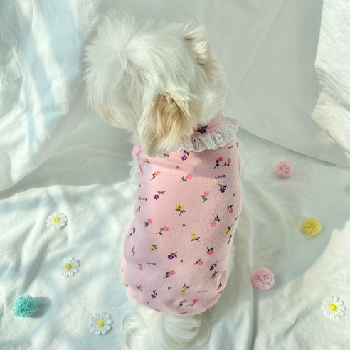 핑키밍키 강아지 러브 꽃 나시 티셔츠, 핑크